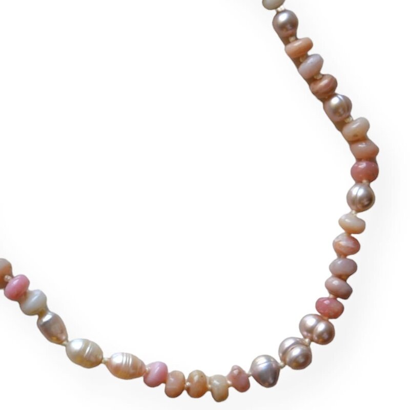 MINMAJD Knotted Pink Marble and Cultured Pearls with Silver Lock Necklace