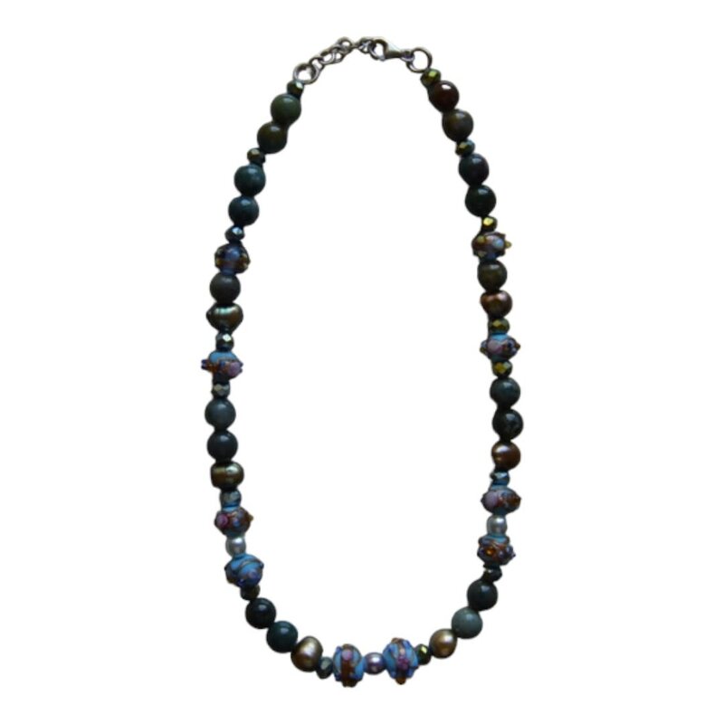 MINMAJD Indian Agate with Murano Beads and Silver Lock Necklace