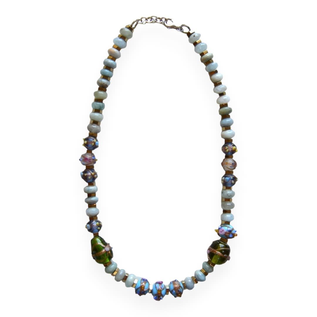 MINMAJD Aquamarine, hematite and Murano with Silver Lock Necklace