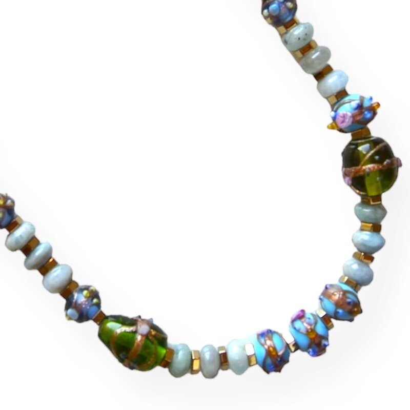 MINMAJD Aquamarine, hematite and Murano with Silver Lock Necklace