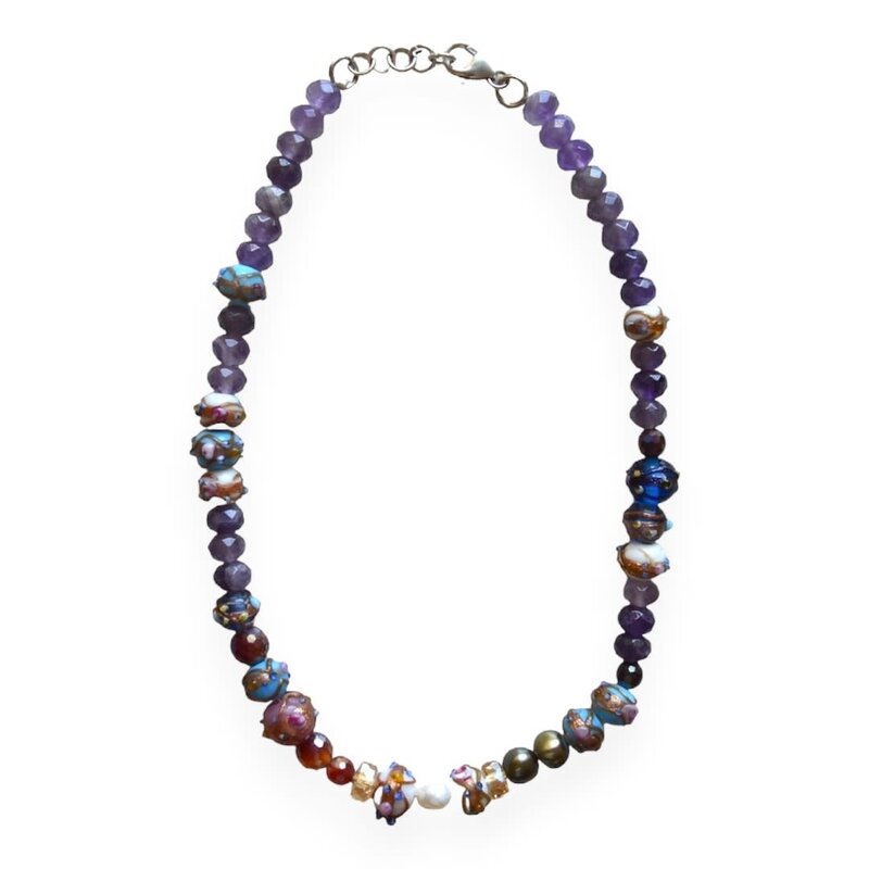 MINMAJD Amethyst, Cultured Pearls and Murano with Silver Lock Necklace