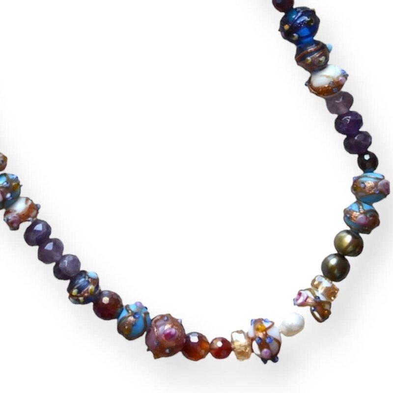 MINMAJD Amethyst, Cultured Pearls and Murano with Silver Lock Necklace