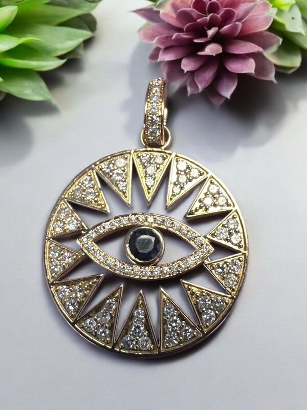 YOLA JAHSHAN Large Yellow Gold and Dimond Pendant with Navy blue Eye