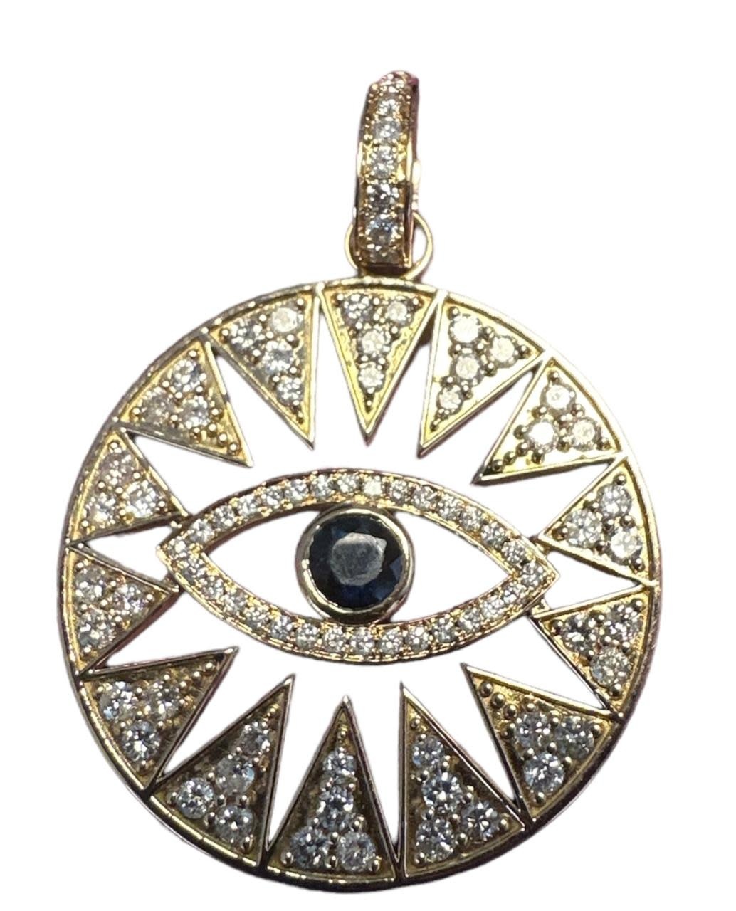 YOLA JAHSHAN Large Yellow Gold and Dimond Pendant with Navy blue Eye