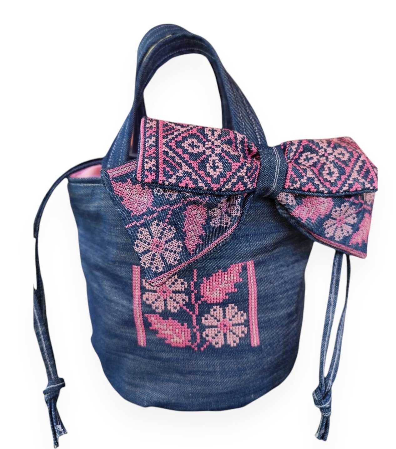 SOAP N A SACK Denim Bucket Bag with Pink Hand Embroidery