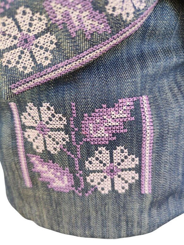 SOAP N A SACK Denim Bucket Bag with Purple Hand Embroidery