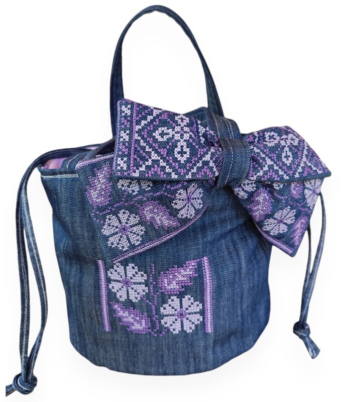 SOAP N A SACK Denim Bucket Bag with Purple Hand Embroidery