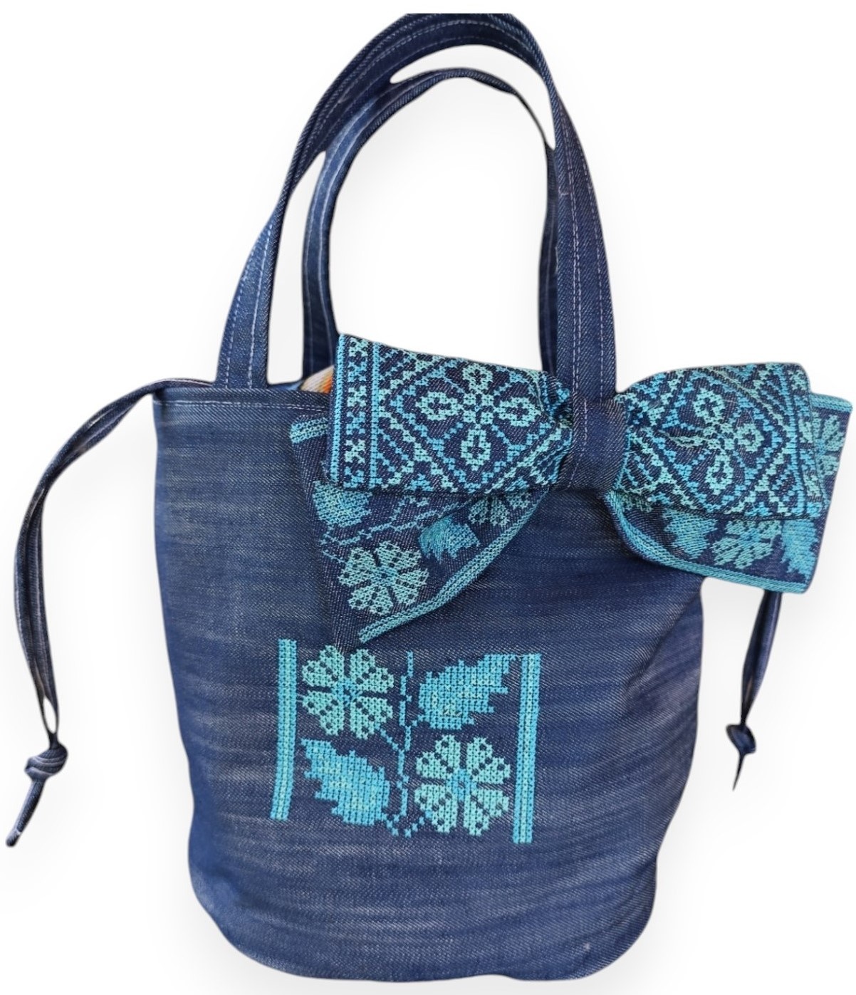 SOAP N A SACK Denim Bucket Bag with Blue Hand Embroidery