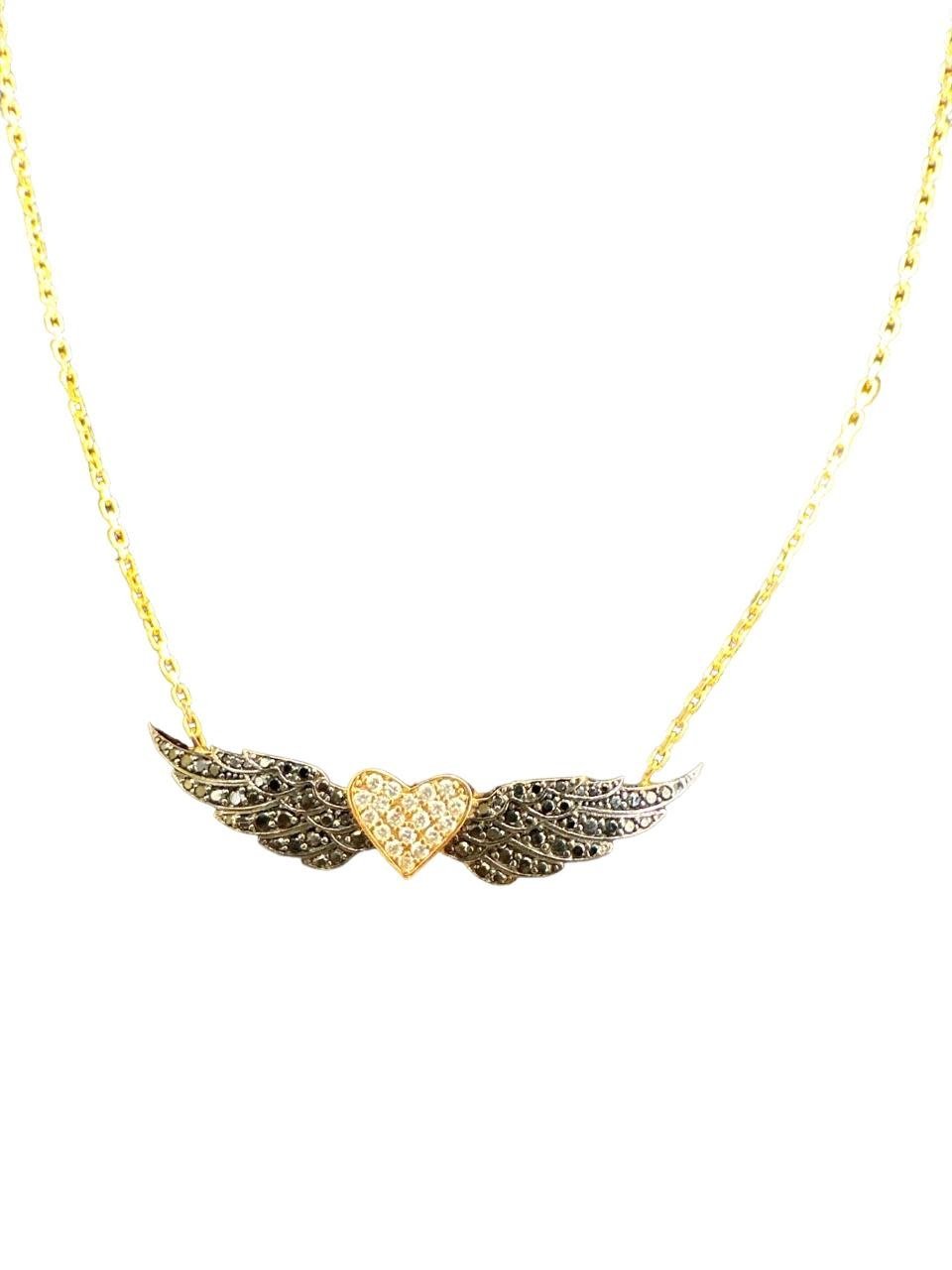 YOLA JAHSHAN 18K Gold with Black ,  white Diamonds Heart and wings Necklace