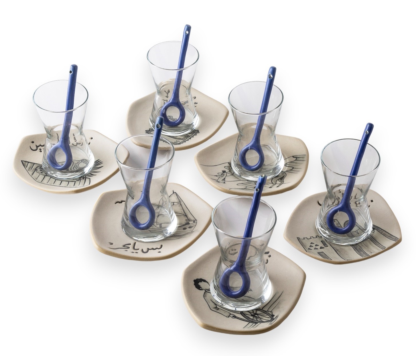 QADEEM Navy Blue and Beige Malaki Thekrayat Glass Tea Cups - Set of 6