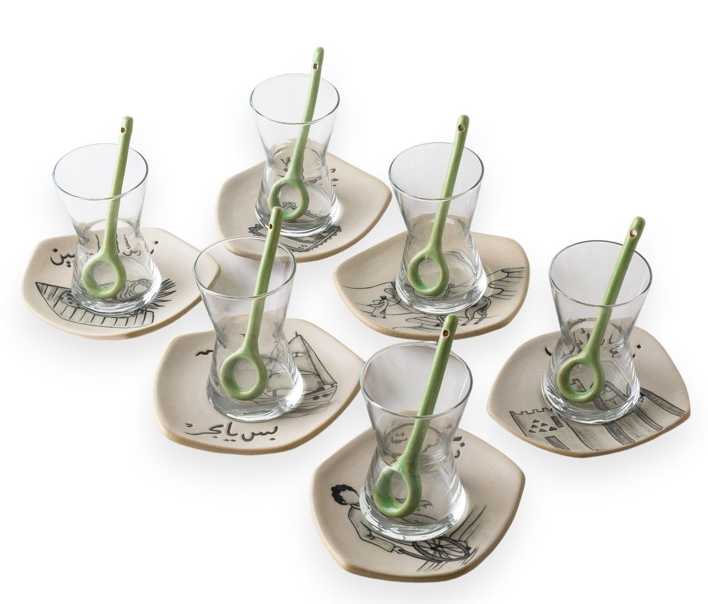 QADEEM Green and Beige Malaki Thekrayat Glass Tea Cups - Set of 6