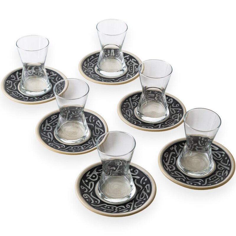 QADEEM Black Malaki Glass Tea Cups - Set of 6