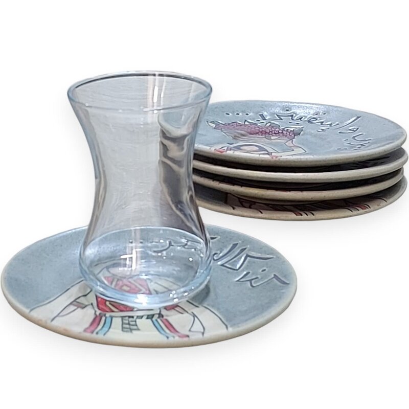 QADEEM Grey Falahi Glass Tea Cups - Set of 6