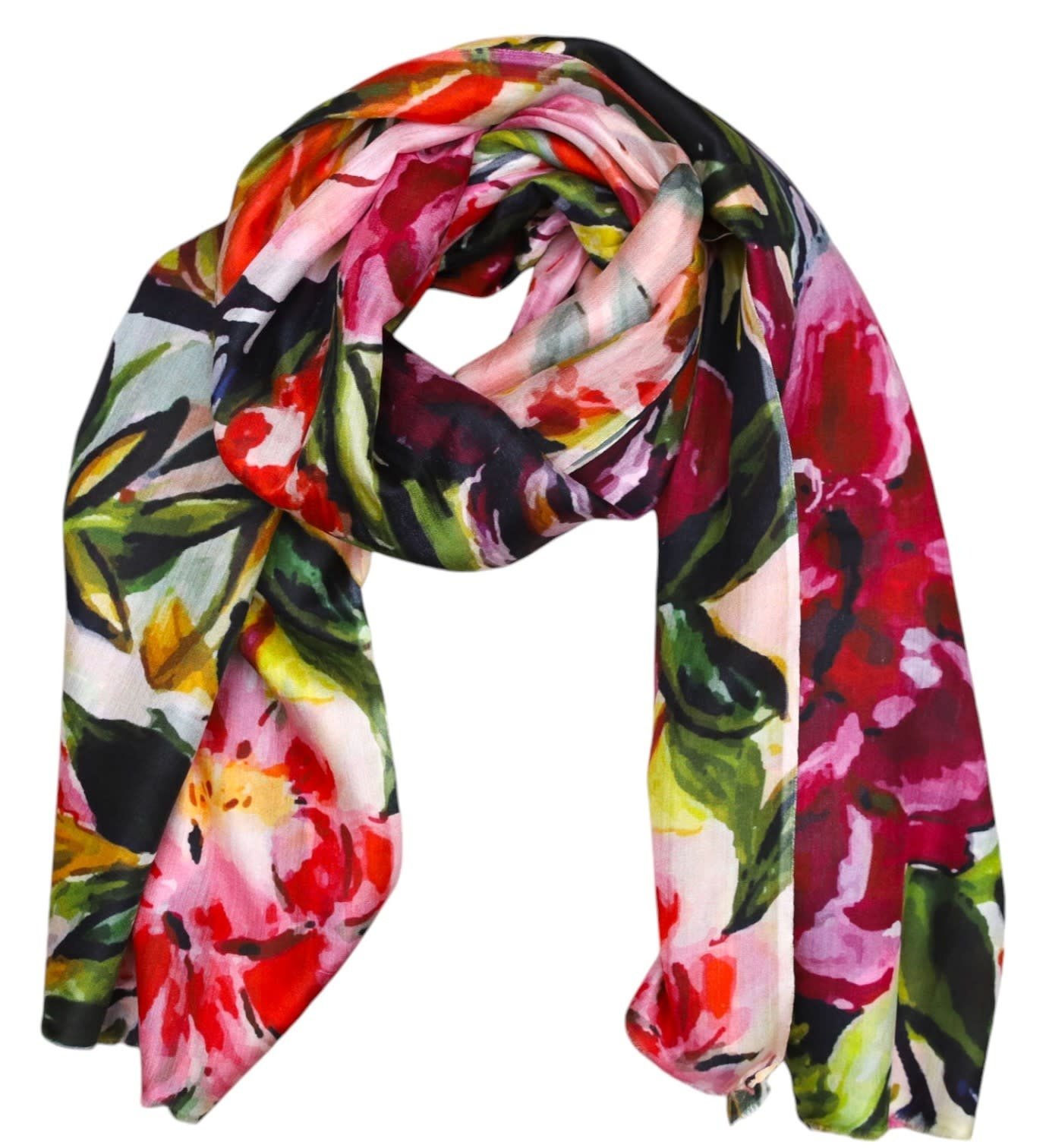 ALKUTBIA Fuchsia and Green Floral Silk Scarf