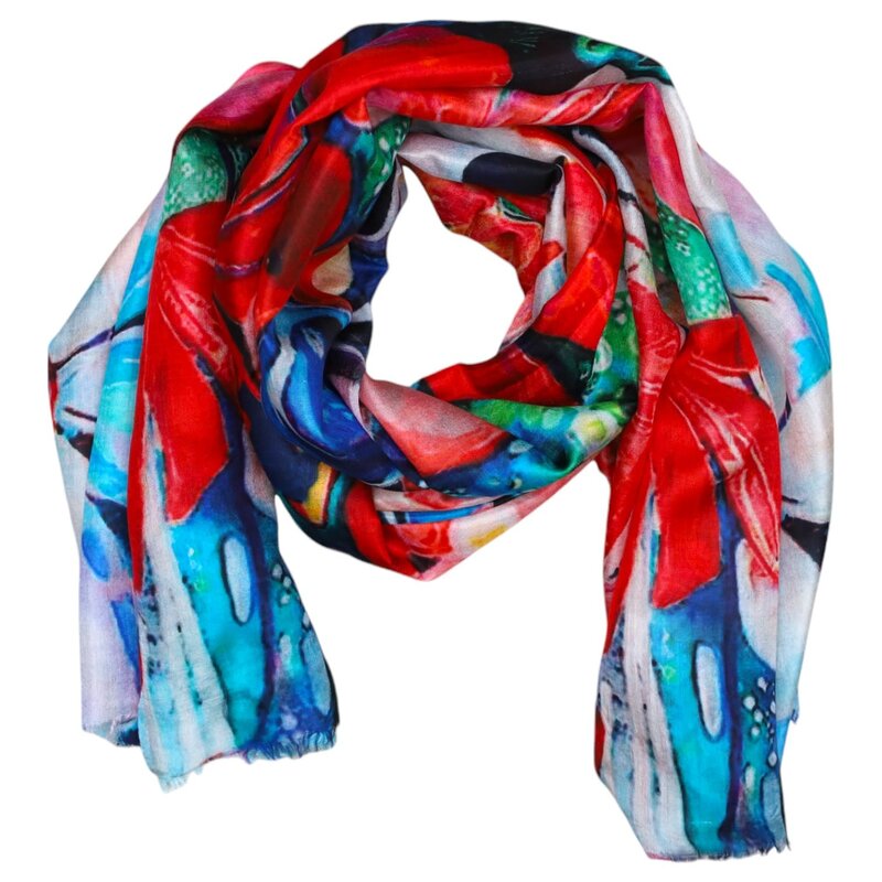 ALKUTBIA Blue and Red Floral Silk Scarf