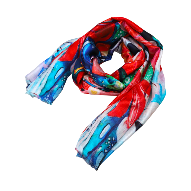 ALKUTBIA Blue and Red Floral Silk Scarf