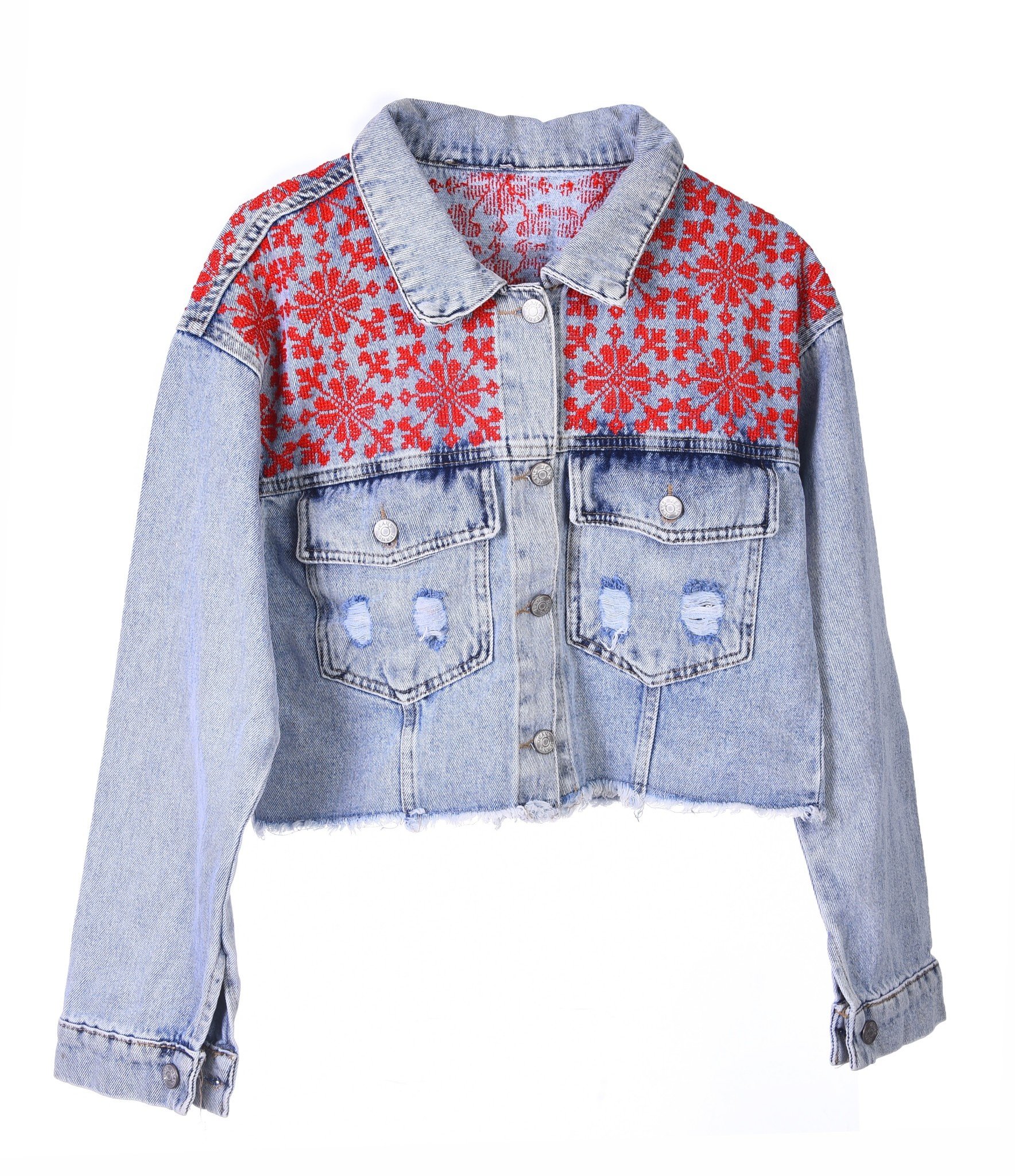 HALIMEH.JO blue denim Cropped Jacket with Red Embroidery