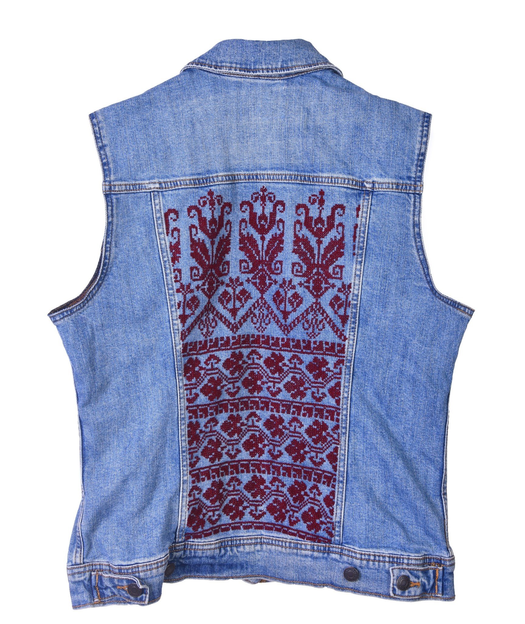 HALIMEH.JO Short Denim vest with Maroon Embroidery