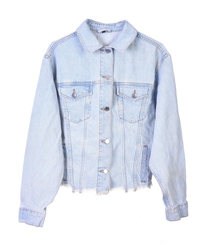 HALIMEH.JO Light blue denim Jacket with Monochromatic Art in Red