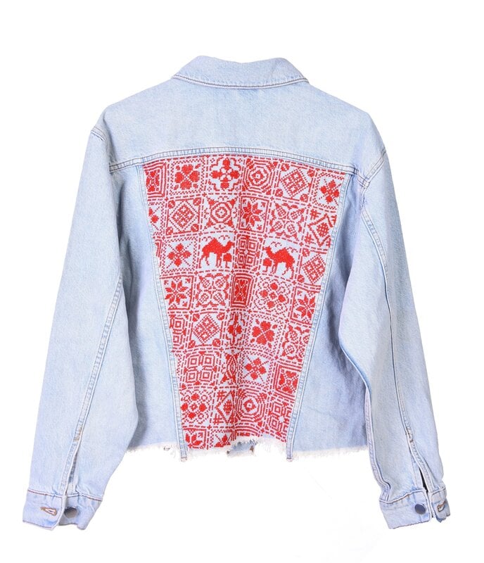 HALIMEH.JO Light blue denim Jacket with Monochromatic Art in Red