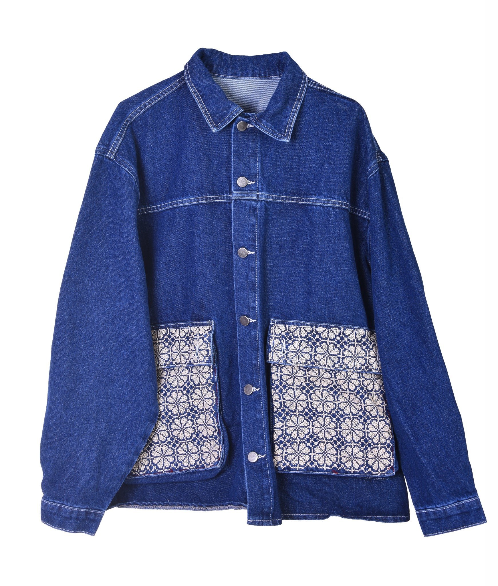 HALIMEH.JO Long Dark Blue Denim Jacket with Monochromatic Embroidery Pockets