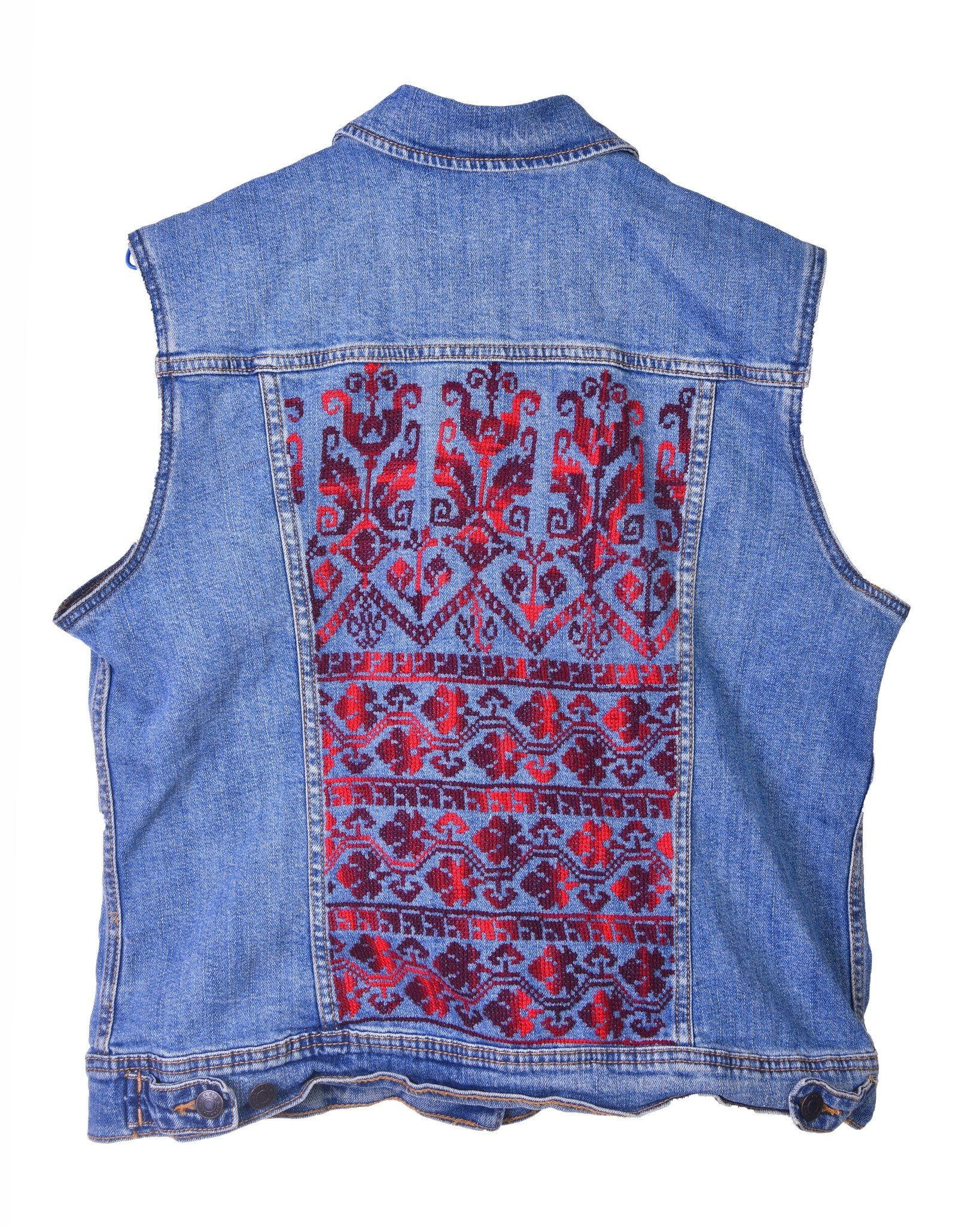 HALIMEH.JO Short Denim vest with Maroon and Red Embroidery