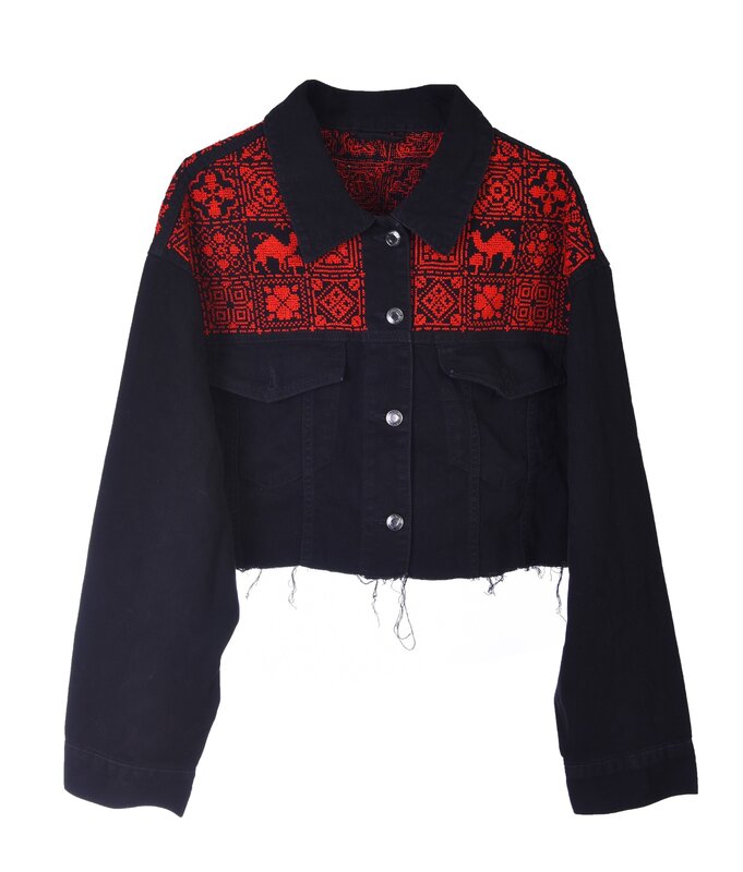 HALIMEH.JO Black cropped denim Jacket with Monochromatic Red embroidery