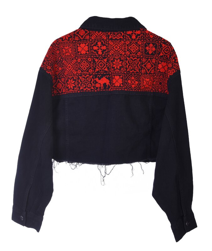 HALIMEH.JO Black cropped denim Jacket with Monochromatic Red embroidery