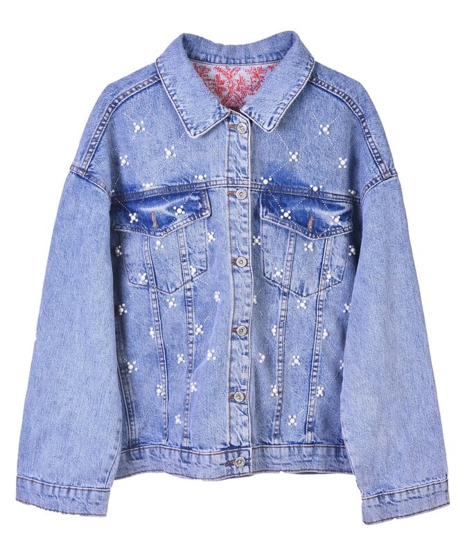 HALIMEH.JO Crystal blue denim jacket with Red full back embroidery