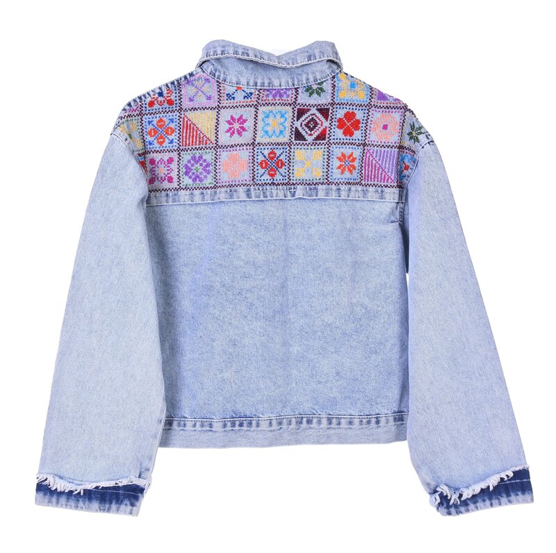 HALIMEH.JO Light blue cropped Denim Jacket with colorful back and front embroidery