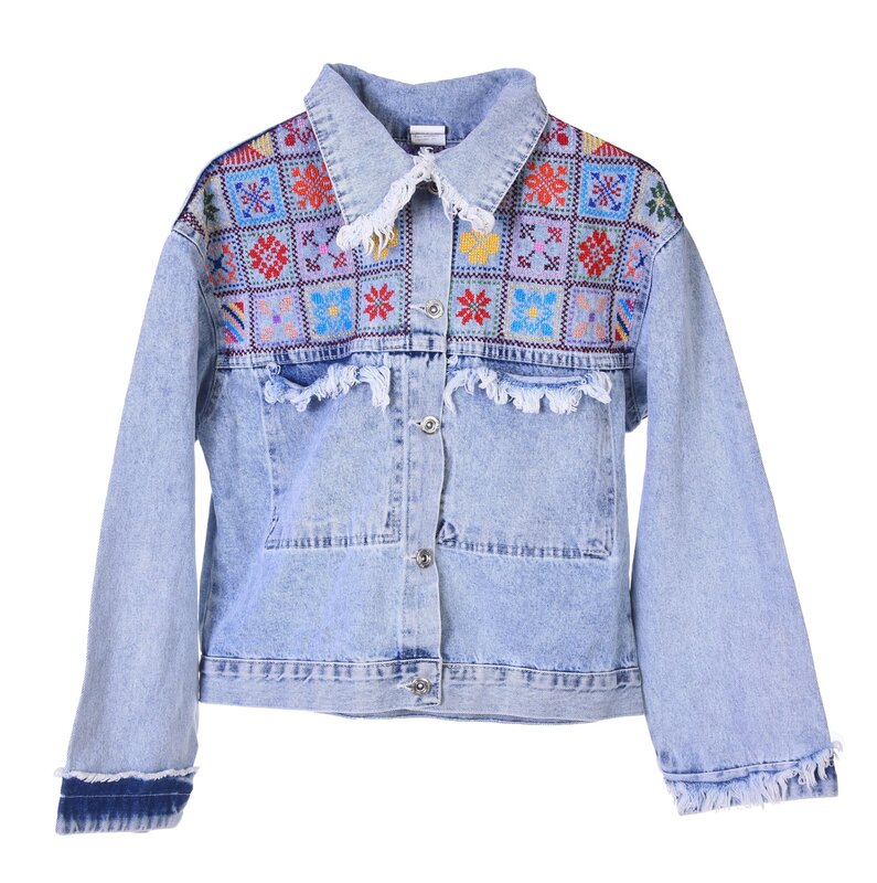 HALIMEH.JO Light blue cropped Denim Jacket with colorful back and front embroidery