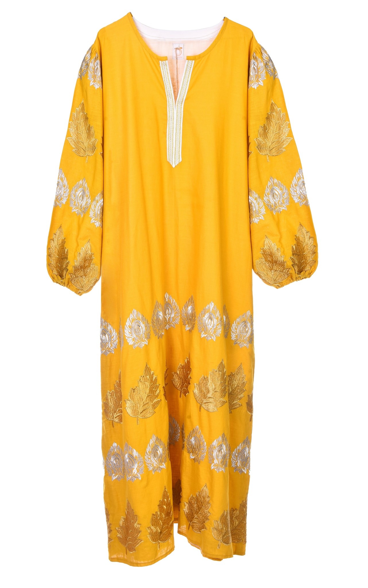 LAM COLLECTIONS Long yellow mustard dress with silver embroidery