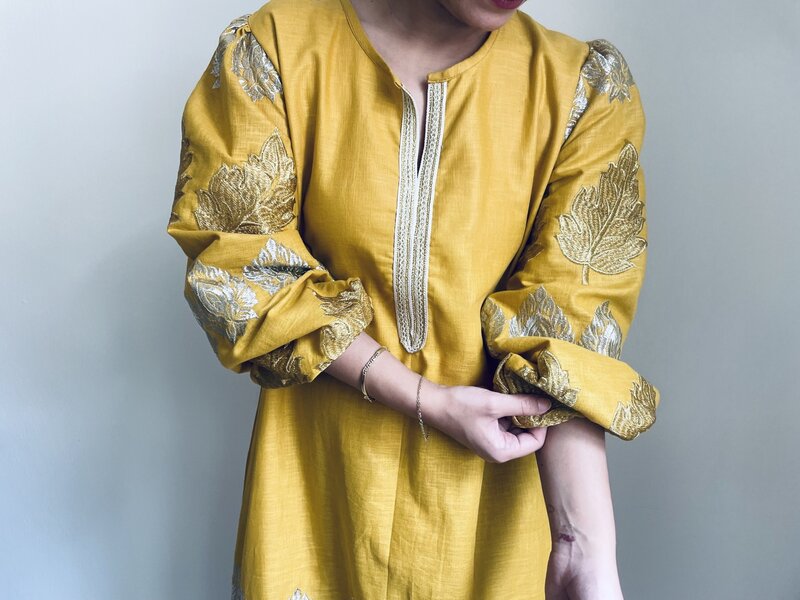 LAM COLLECTIONS Long yellow mustard dress with silver embroidery