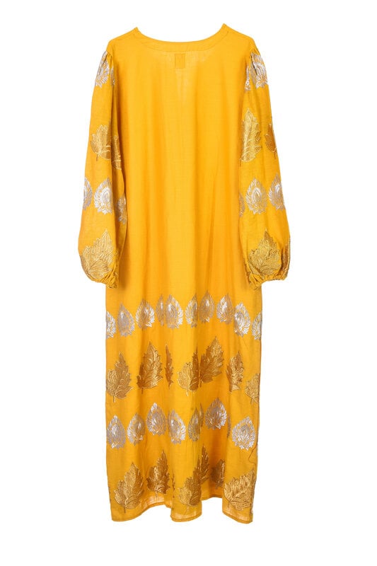 LAM COLLECTIONS Long yellow mustard dress with silver embroidery