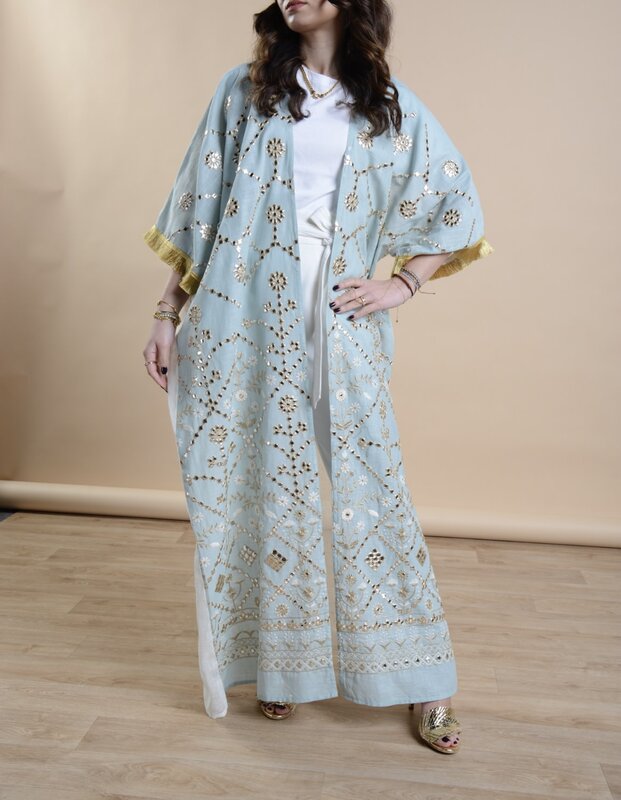 LAM COLLECTIONS Long mint bisht with offwhite embroidery