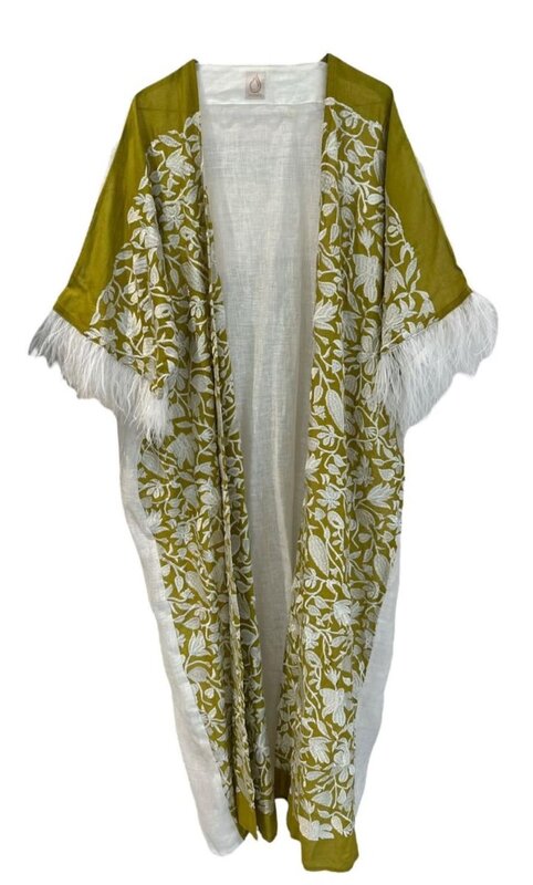 LAM COLLECTIONS Lime Green bisht with white embroidery and feathers