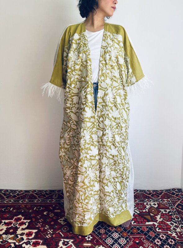 LAM COLLECTIONS Lime Green bisht with white embroidery and feathers