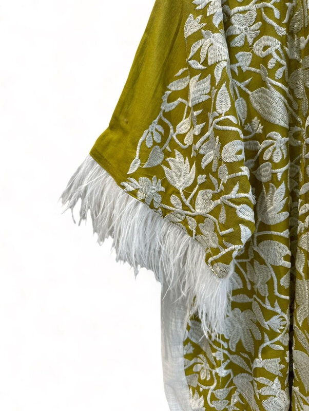 LAM COLLECTIONS Lime Green bisht with white embroidery and feathers