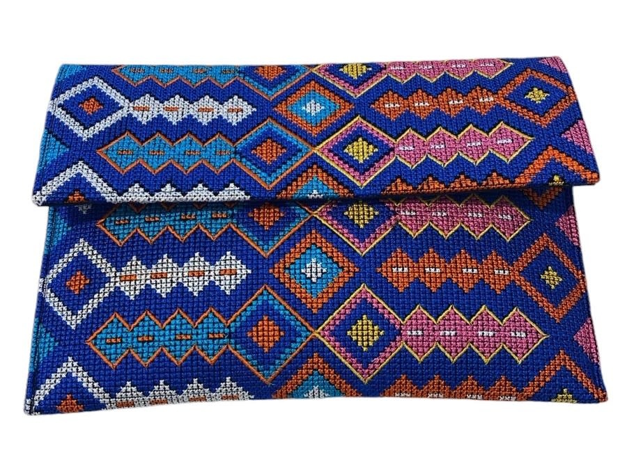 SOUK BALADNA Blue Cross-Stitched Colorful Pouches