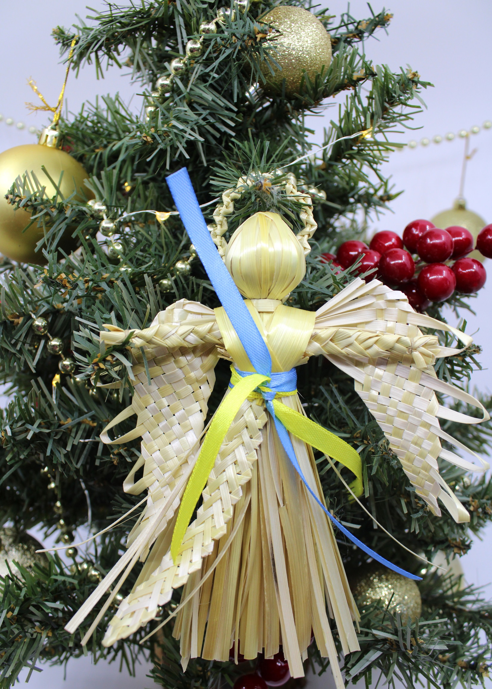 Straw Angel with Blue & Yellow Ribbon