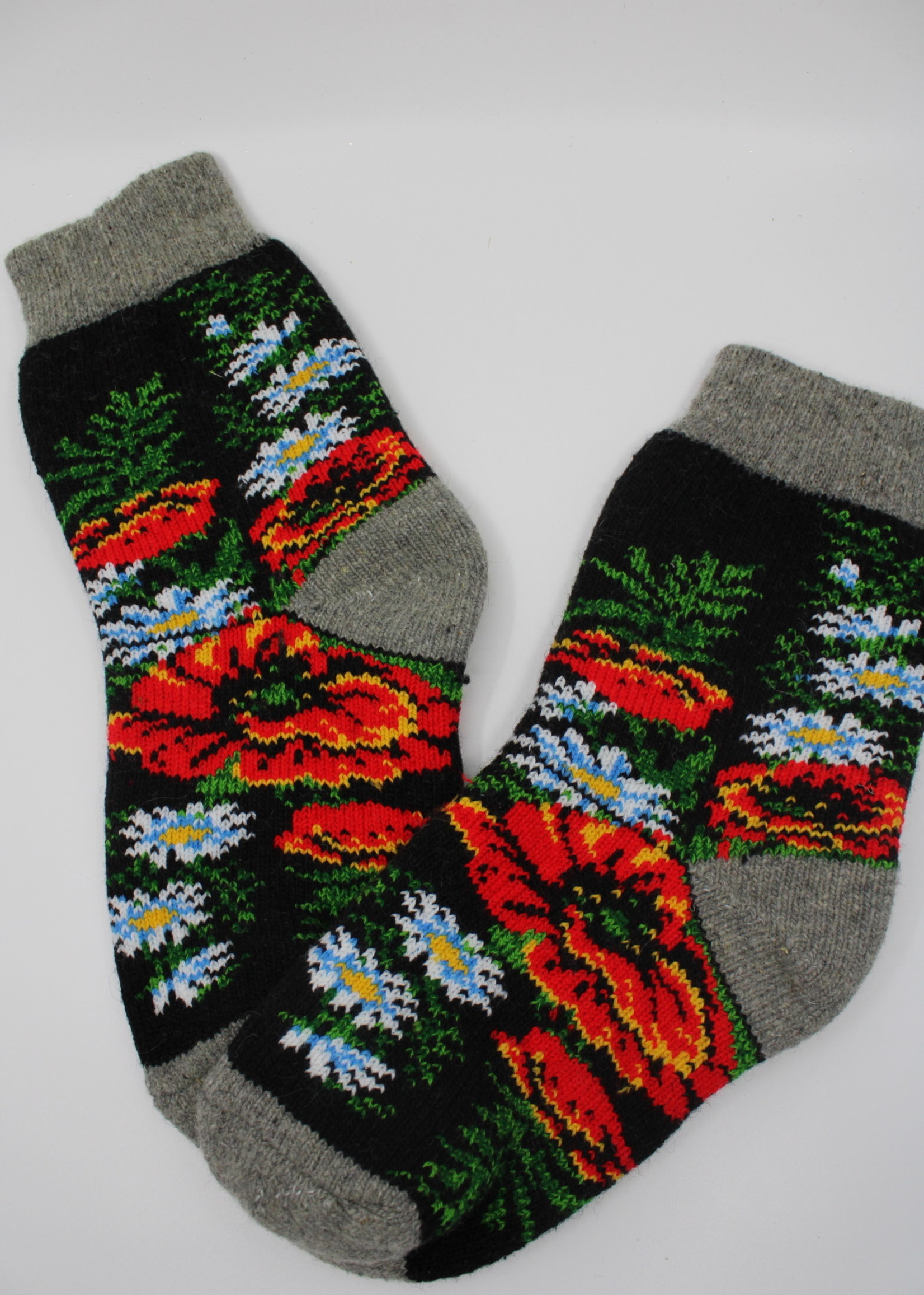 Wool Black Socks with Red-White Flowers