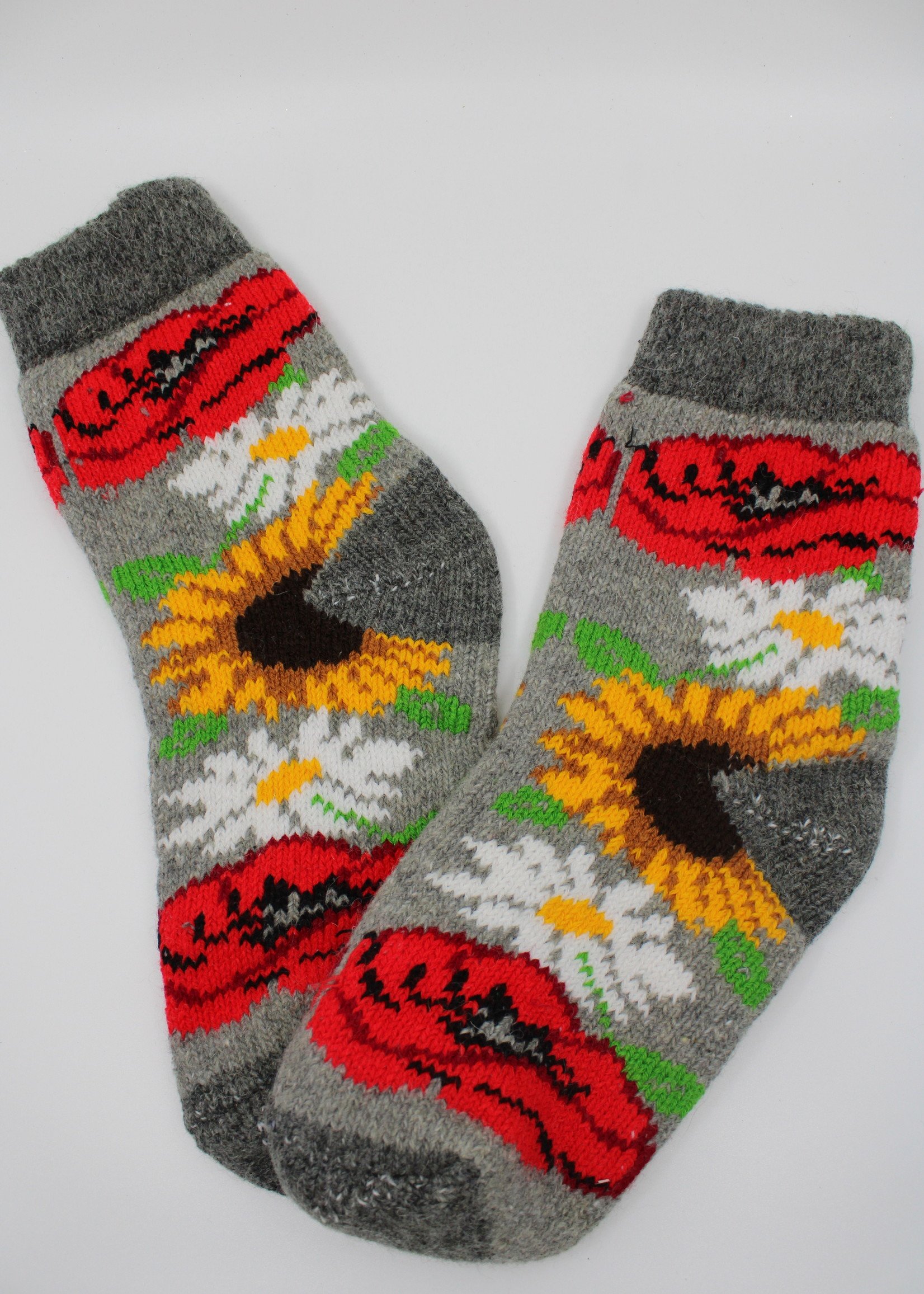 Wool Grey Socks with Sunflowers & Poppies