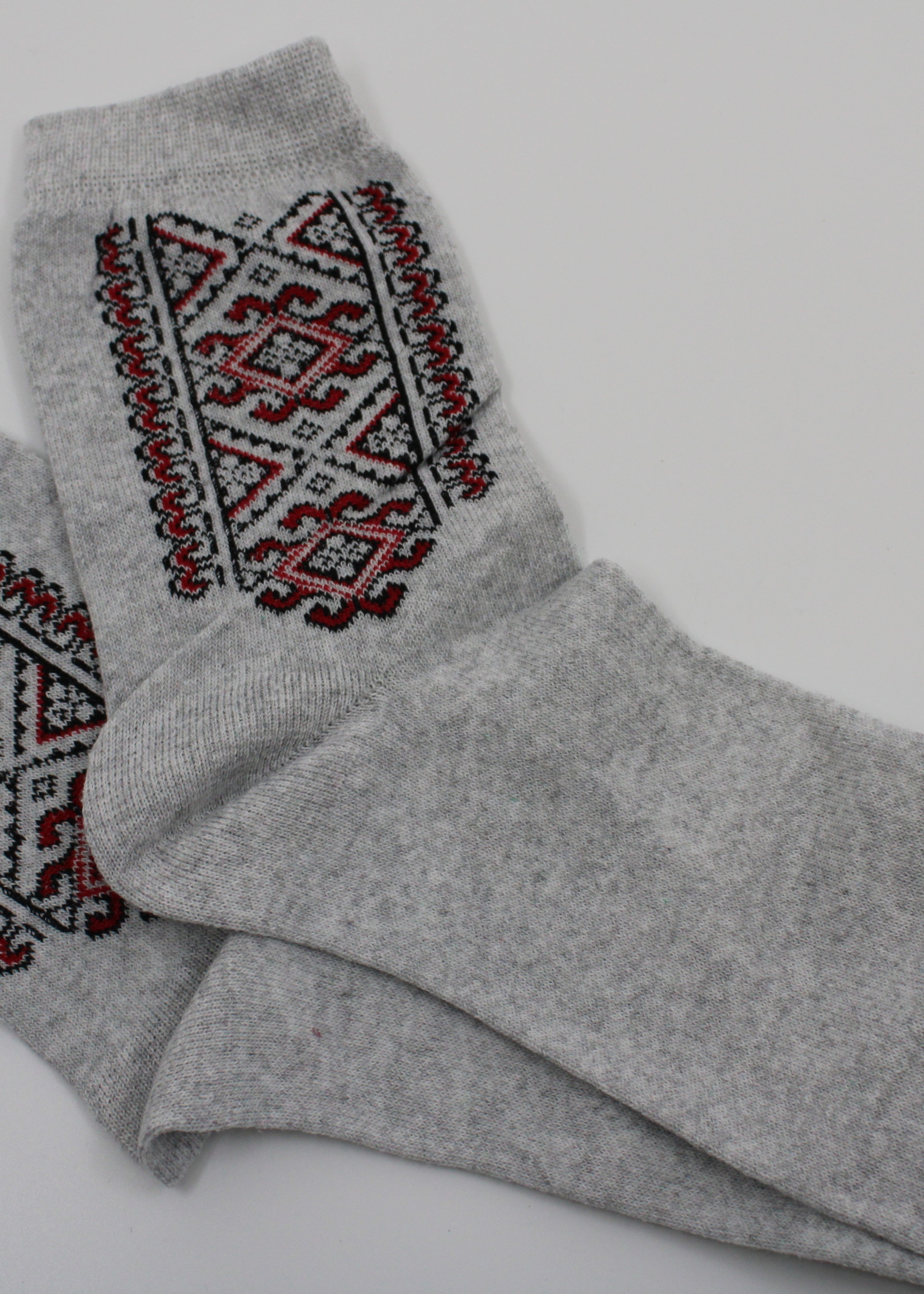Grey Socks with Black and Red Embroidery