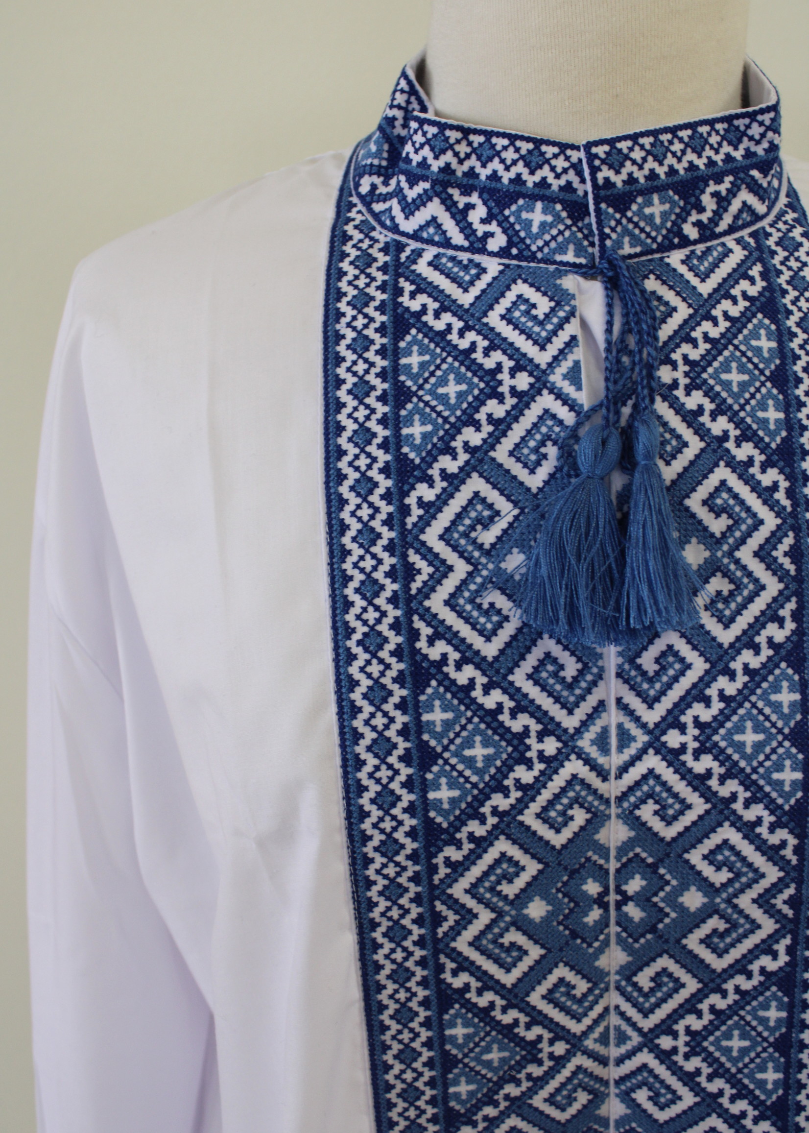 White Long Sleeve Shirt with Blue Embroidery XL