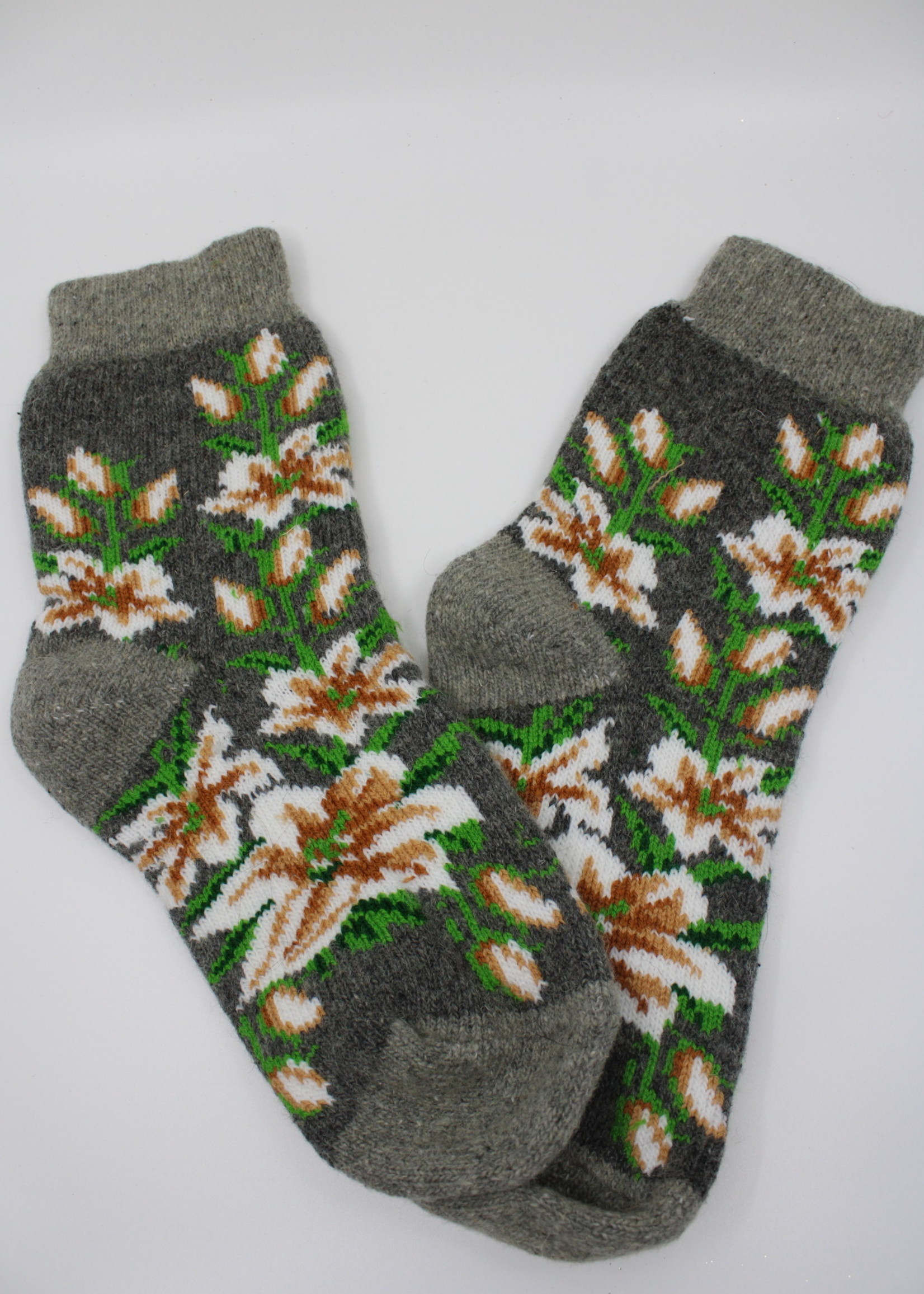 Wool Dark Grey Socks with Flowers