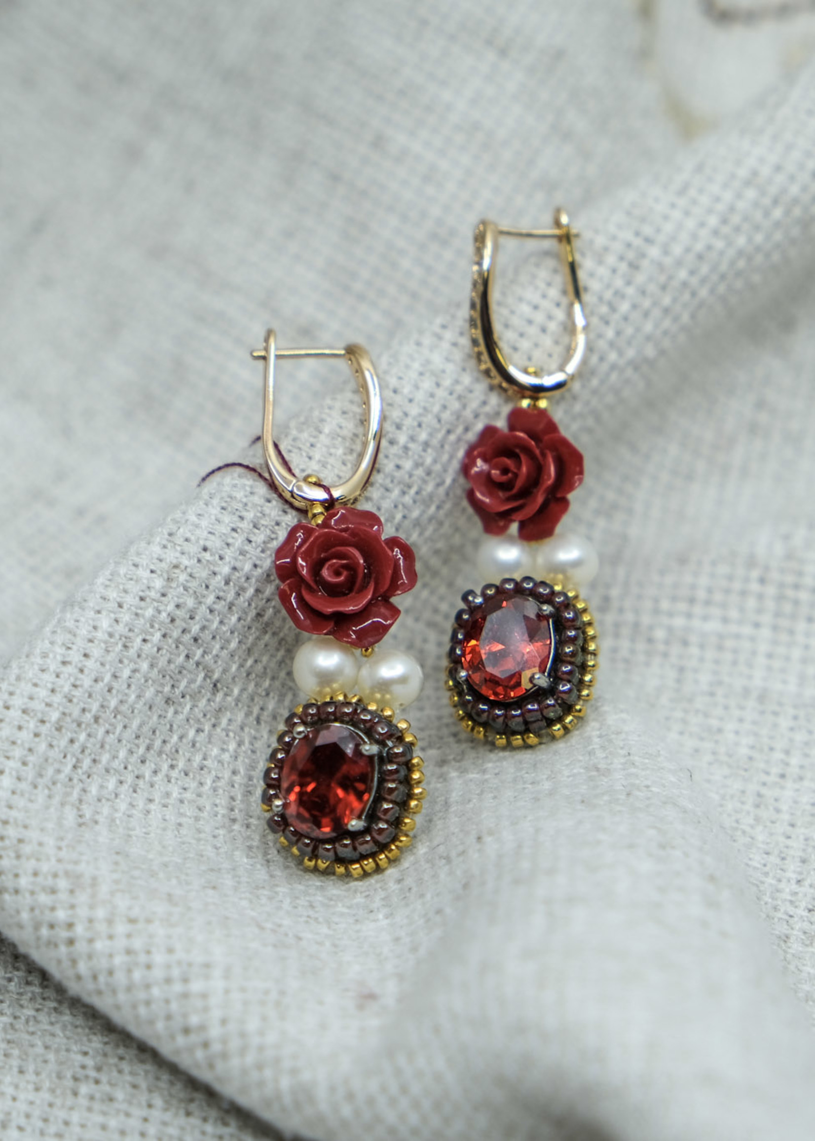 None JEWELRY - Rose and Pearl Earrings With Red Gemstone