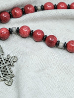 None Red Coral Sphere Beaded Necklace With Stone Cross