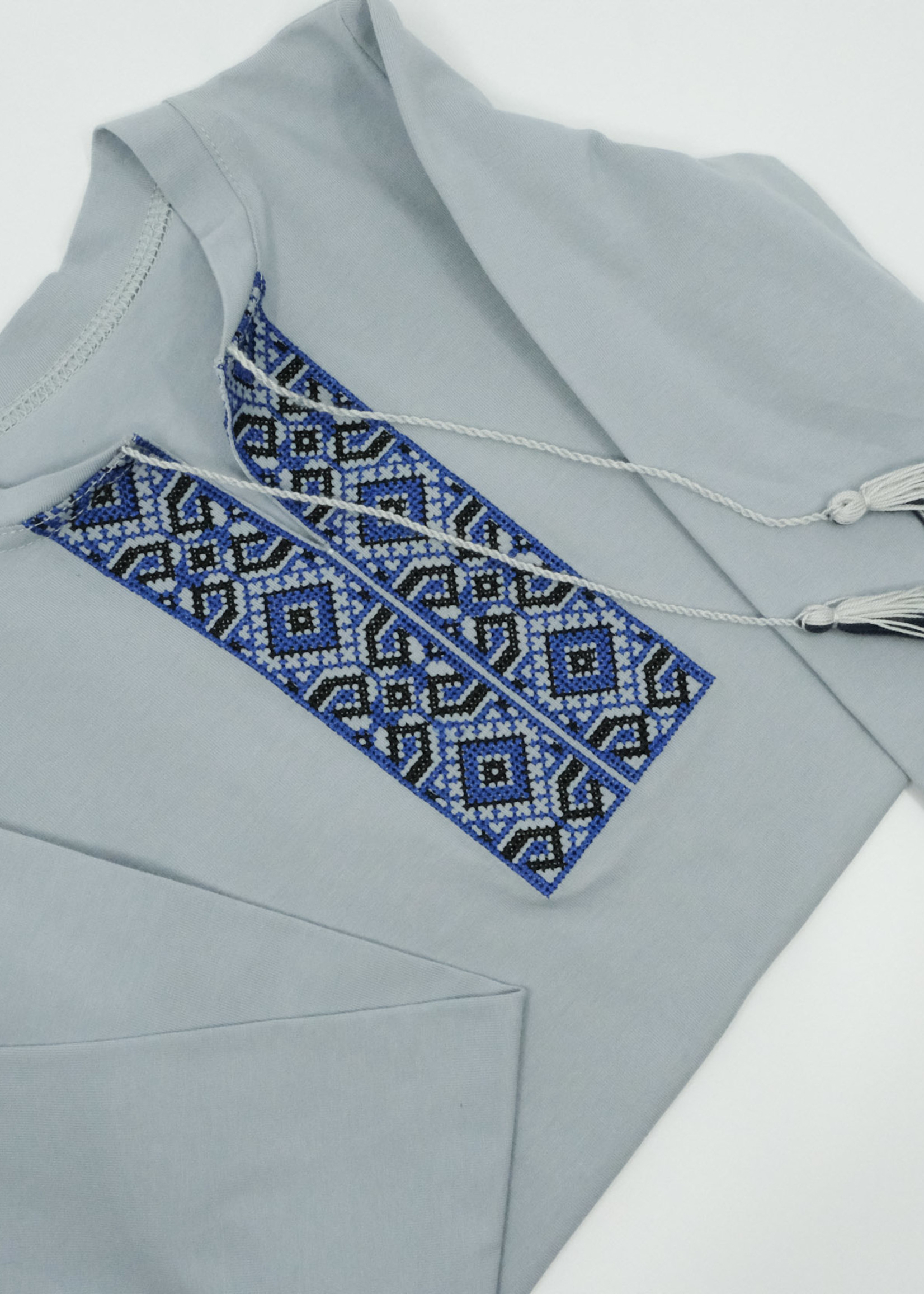 None Grey Long Sleeve With Blue Embroidery