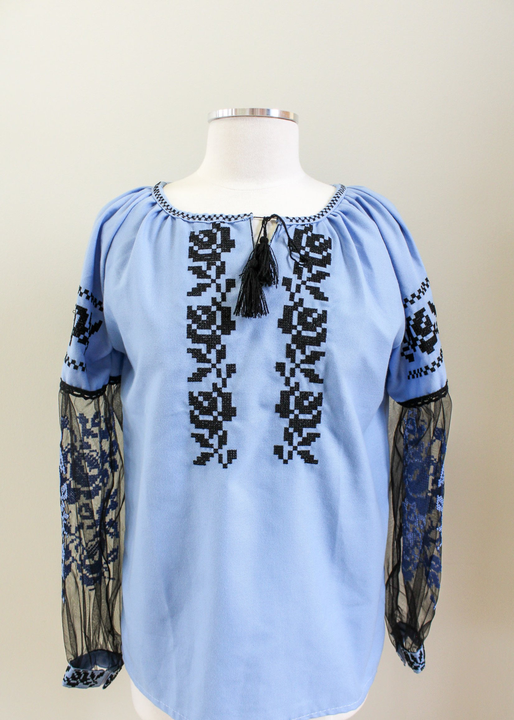 Blouse Blue with Sheer Embroidery Sleeves  (S)