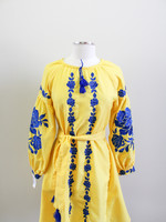 DRESS - Yellow /Blue Embroidery, Bust 94 cm/ 37", Length 91 cm/36"